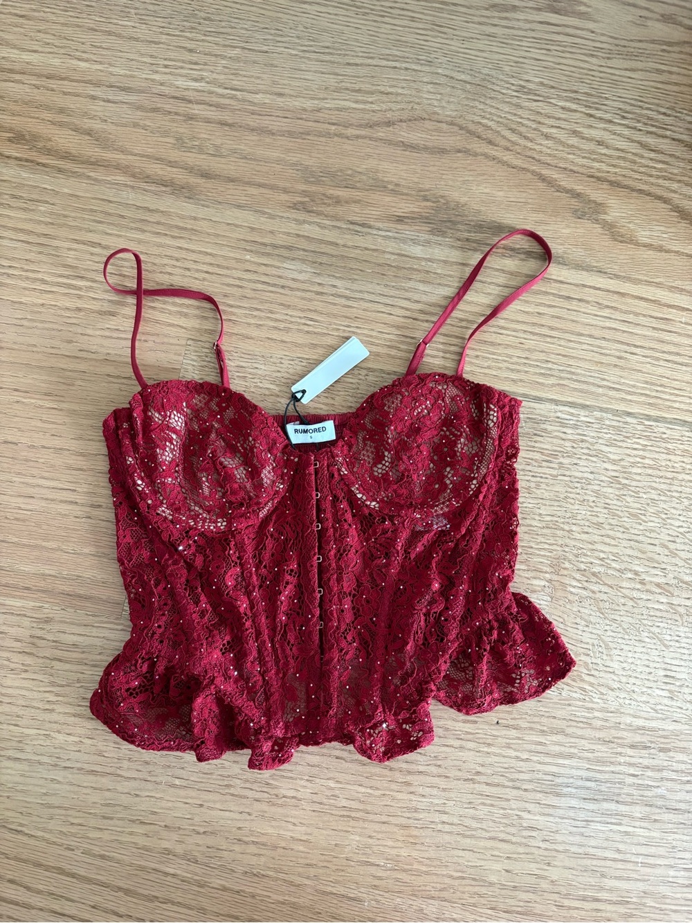 Rumored Red Lace Sequin Bustier Top